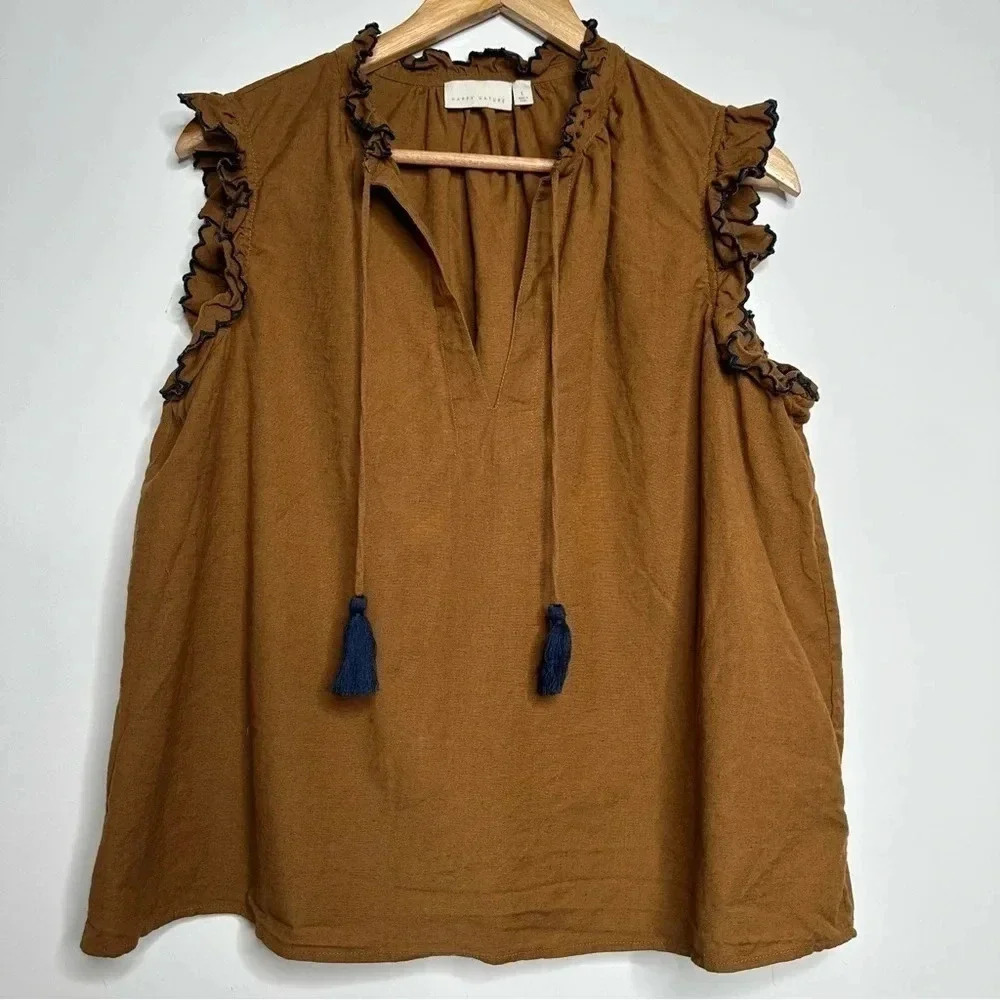Happy X Nature Flax Blend Boho Ruffle Sleeve Top Size Large